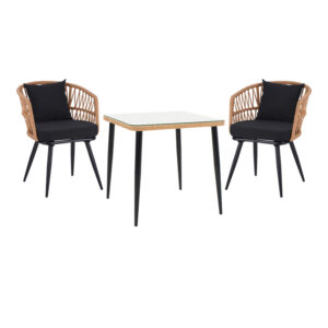 Τραπεζαρία Naoki σετ 3 τεμ pakoworld μέταλλο μαύρο-pe φυσικό-γυαλί 80x80x78εκ