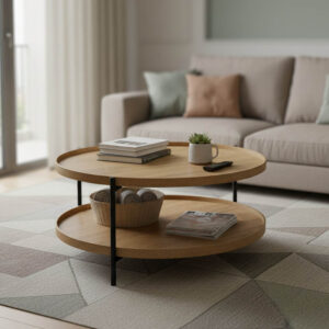 Τραπέζι σαλονιού Portogie pakoworld mdf φυσικό-μέταλλο μαύρο Φ80x40εκ