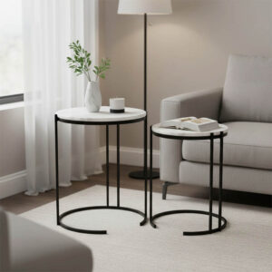 Boηθητικά τραπέζια σαλονιού σετ 2τεμ Luxere Inart μαύρο μέταλλο-λευκό μαρμάρου