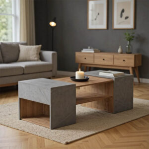 Τραπέζι σαλονιού Morfi pakoworld πολυμορφικό 3τεμ σε oak-μπεζ μαρμάρου απόχρωση 105x45x37εκ