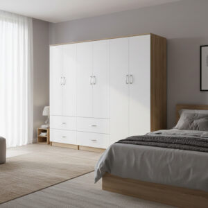 Ντουλάπα εξάφυλλη Athos pakoworld sonoma-λευκή 240x42x180εκ