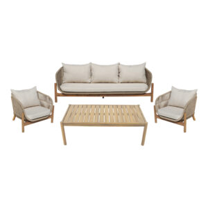 Σαλόνι εξωτερικού χώρου Verilan pakoworld μασίφ ξύλο ακακίας με σχοινί και μπεζ μαξιλάρια